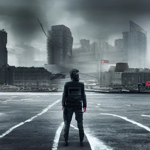 Prompt: a Photograph from the dystopian future of a British male in the year 2045 after ‘the event’ has taken place. Photorealistic, vivid, terrifying, somber, upsetting, 35mm, sharp focus, very very brutal, British architecture in the background, moody lighting 8k people don’t want to be outside anymore