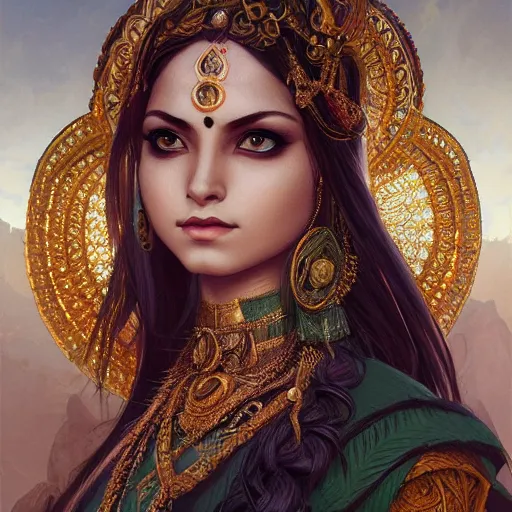 Image similar to Portrait of an hindu goddess as 2B, dark art, D&D, fantasy, intricate, elegant, highly detailed, digital painting, artstation, concept art, matte focus, octane, illustration, art by Artgerm and Greg Rutkowski and Alphonse Mucha