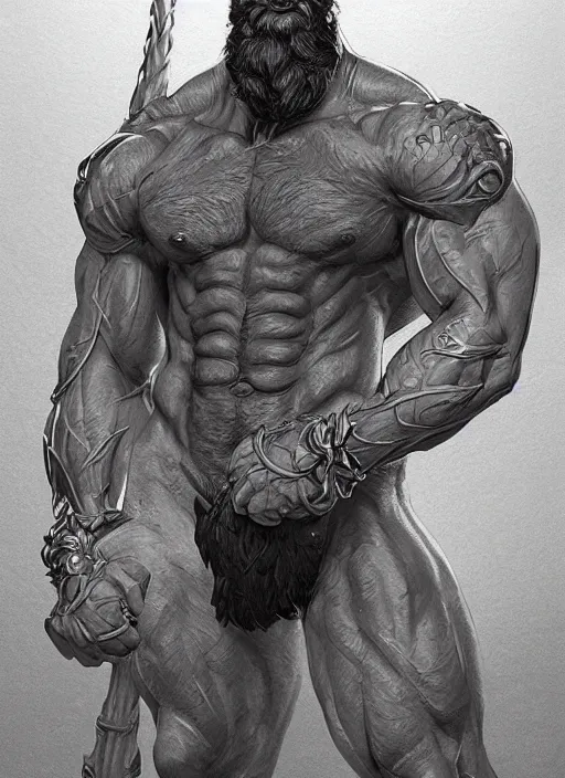Prompt: a highly detailed illustration of short haired shirtless bearded god, focused bodybuilding pose, muscular, intricate, elegant, highly detailed, centered, digital painting, artstation, concept art, smooth, sharp focus, league of legends concept art, WLOP
