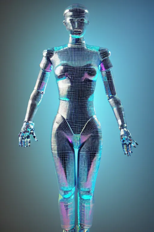 Image similar to 3d render of holographic human robotic made of glossy iridescent, full body robot, full body render, surrealistic 3d illustration of a human non-binary, non binary model, 3d model human, cryengine, made of holographic texture, holographic material, holographic rainbow, concept of cyborg and artificial intelligence