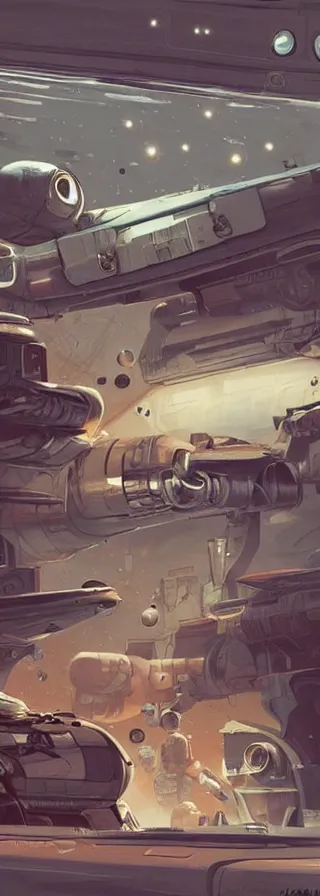 Image similar to space smugglers hiding cargo in their old rusting space ship illustrated by greg tocchini