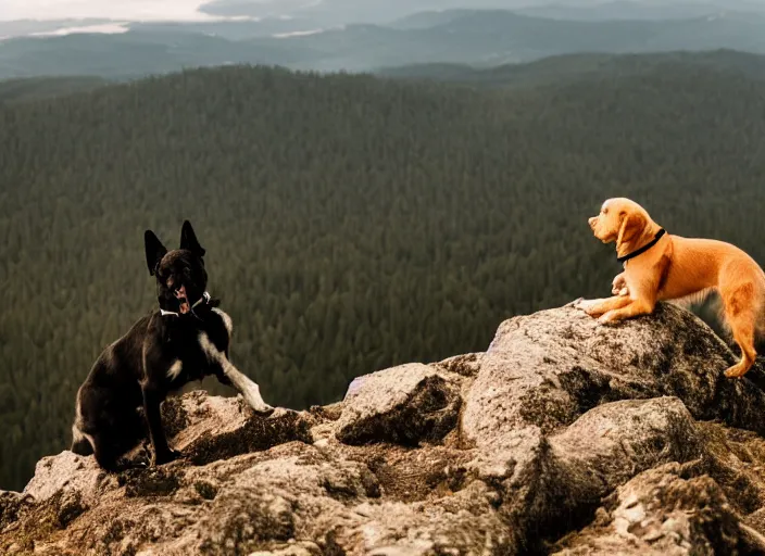 Image similar to a photograph of a dog on a mountain following the rule of thirds, high definition