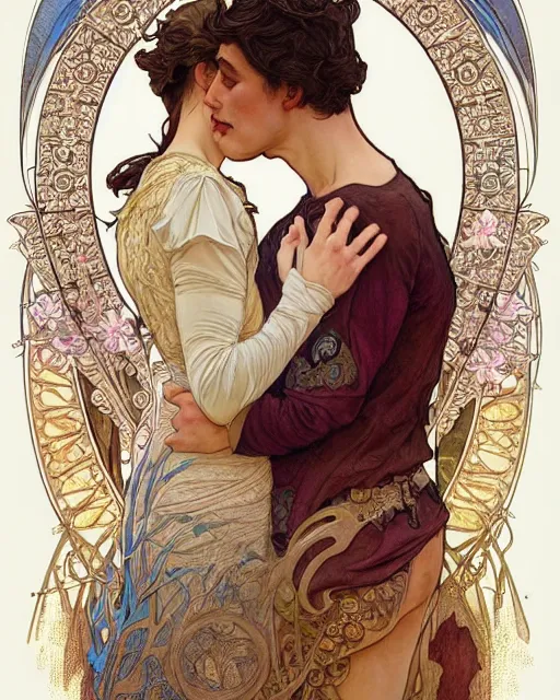 Image similar to the kiss | highly detailed | very intricate | art nouveau | gold filigree | romantic storybook fantasy | soft cinematic lighting | award - winning | disney concept art watercolor illustration by mandy jurgens and alphonse mucha and alena aenami | pastel color palette | featured on artstation