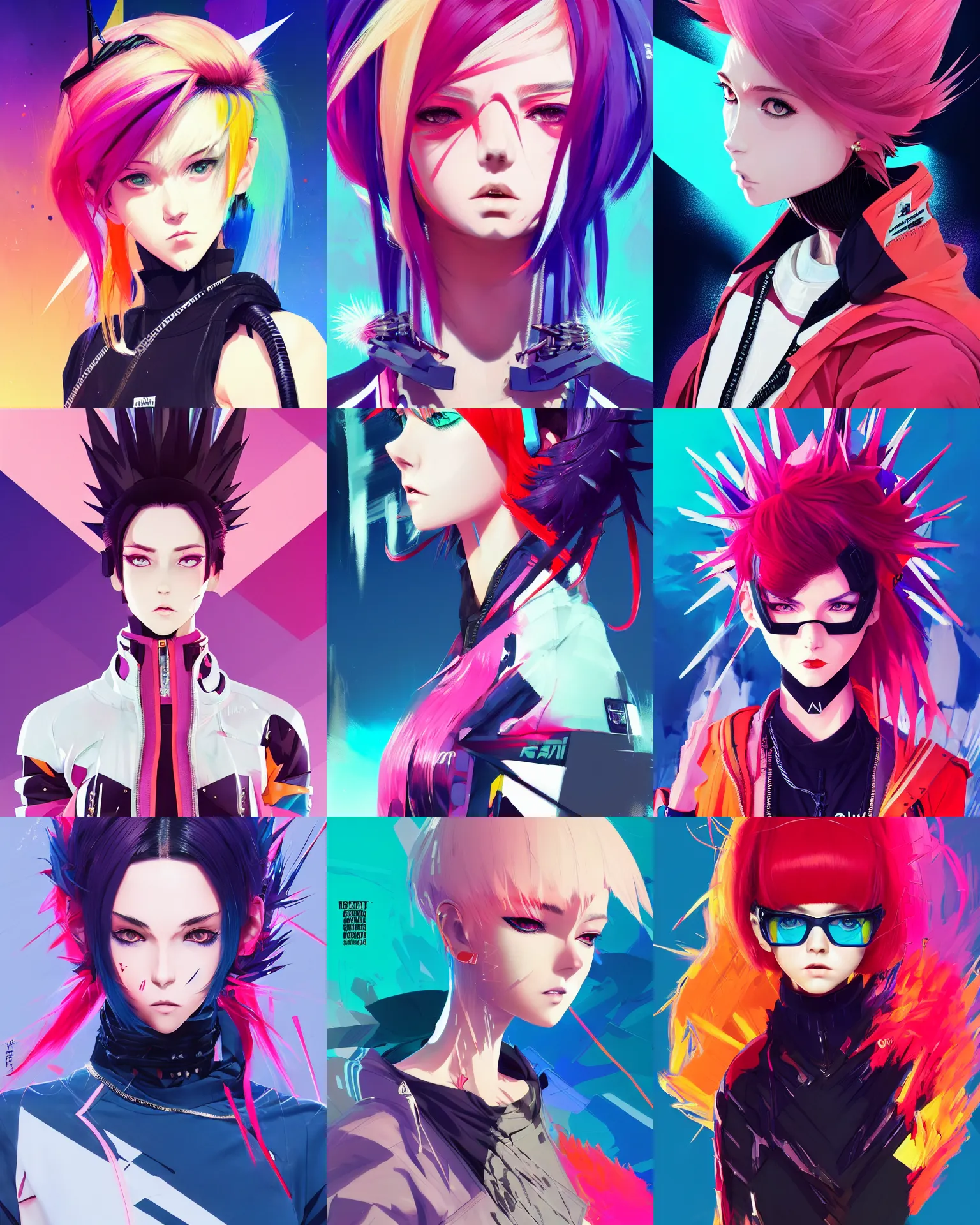 Image similar to poster woman with futuristic streetwear and spiky hair, colourful, pretty face, intricate eyes, elegant, Anime by Kuvshinov Ilya, Cushart Krentz and Gilleard James, 4k, HDR, Behance Trending on artstation, award winning