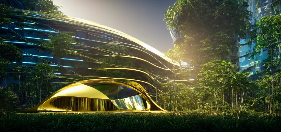 Image similar to futuristic shinny golden iridiscent mirror building in an jungle landscape of a biopunk city by zaha hadid and eladio dieste, movie poster, golden ratio, evening lighting, film still, realistic, octane render redshift arnold materials unreal engine, 8 k post production, hyper detailed