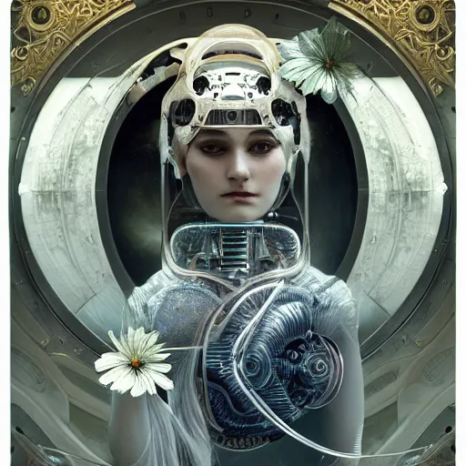 Image similar to a beautiful ultradetailed fine art RPG portrait photo of a mechanical industrial robotic yin yang symbol, overgrown with morning glory flowers, montsera leaves by tom bagshaw and zach sutton, golden ratio composition, soft studio lighting, soft vignette, 50mm lens, very detailed, bionic, cybernetic scifi, deep depth of field, artstation, 8K, highly coherent