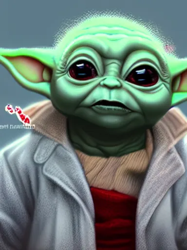 Image similar to baby yoda with red eyes smocking joint, digital painting, artstation, highly detailed