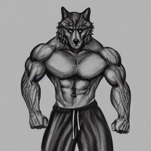 Prompt: master furry artist charcoal sketch lines full body portrait character study of the anthro male anthropomorphic wolf fursona animal person wearing gym shorts bodybuilder at gym