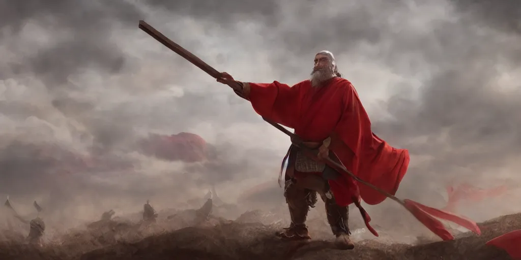 Image similar to overhead mid shot cinematic artwork of an old Caucasian man on a battlefield with a staff and wearing robes looking to a vast ancient Chinese army wearing red armor and holding red flags in the distance by greg rutowski, masterpiece, fantasy, 4k