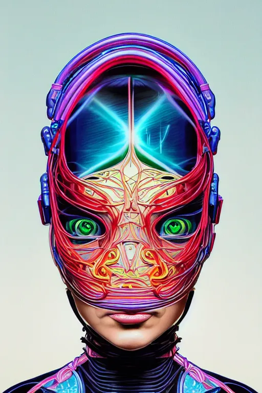 Prompt: Portrait of Æon Flux wearing epic bionic cyborg implants of different vibrant colors, detailed intricate ornate cables connected to head, portrait front face reference, by Dan Mumford and Naoto Hattori, extremely beautiful and proportionate, masterpiece, intricate, highly detailed, digital painting, Matrix Theme, artstation, concept art, crepuscular rays, smooth, sharp focus, illustration, background made from fractals of vibrant universe stars, cyberpunk colors, volumetric lighting, art by artgerm and james jean and Nick Sullo