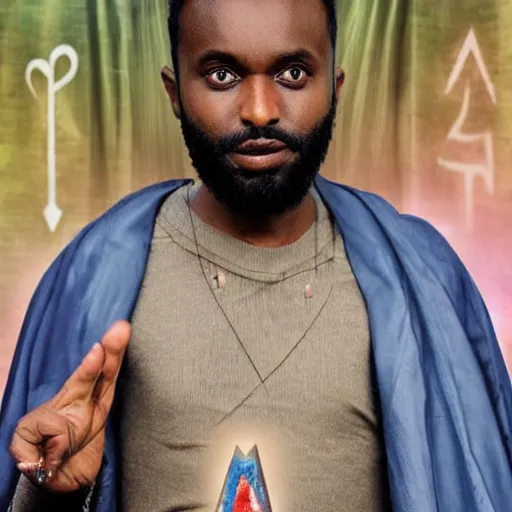 Prompt: Actor Bharkis Abdi as a wizard with runes on body