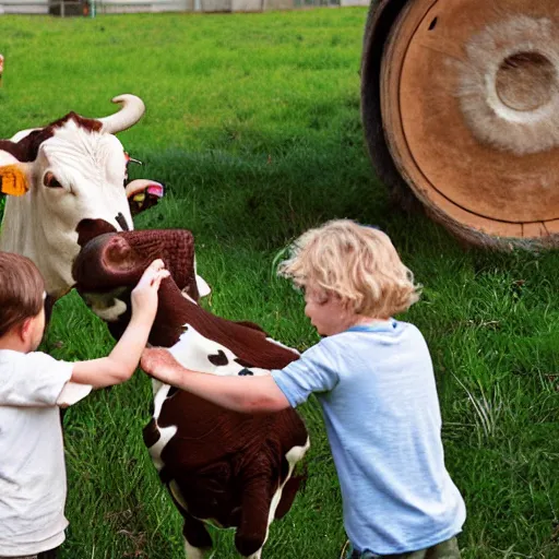 Prompt: photo of a couple of kids drinking milk directly from cow udder, realistic, award winning photo, national geographic