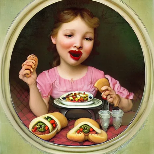 Image similar to hot dogs and yogurt is a messy eating contest, wlop, elvgren, mucha, mark ryden