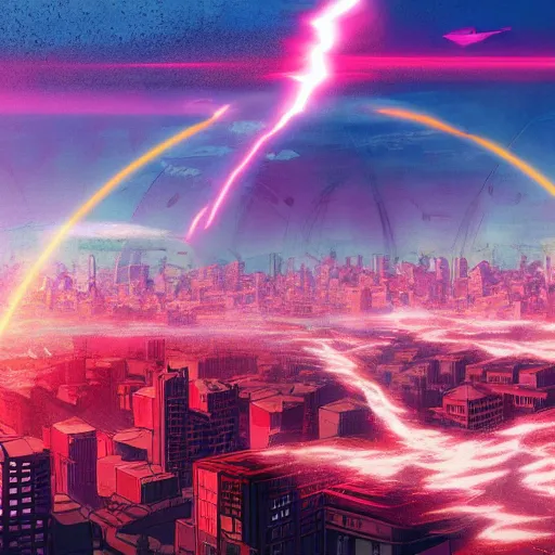 Prompt: adularia, apocalyptic spherical explosion, city, akira art style, pink, red, beams of light, gamma ray beams