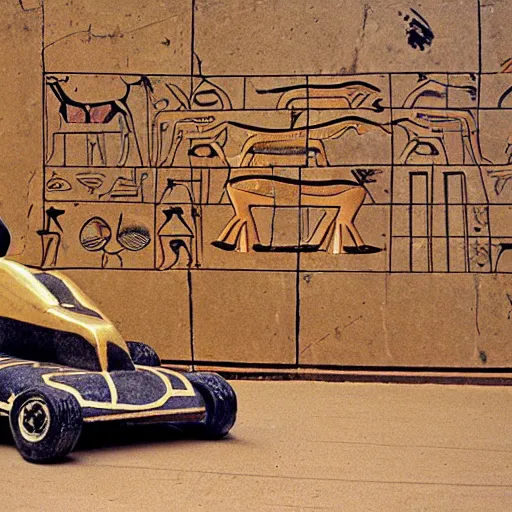 Prompt: an ancient hieroglyphic depiction go karts racing