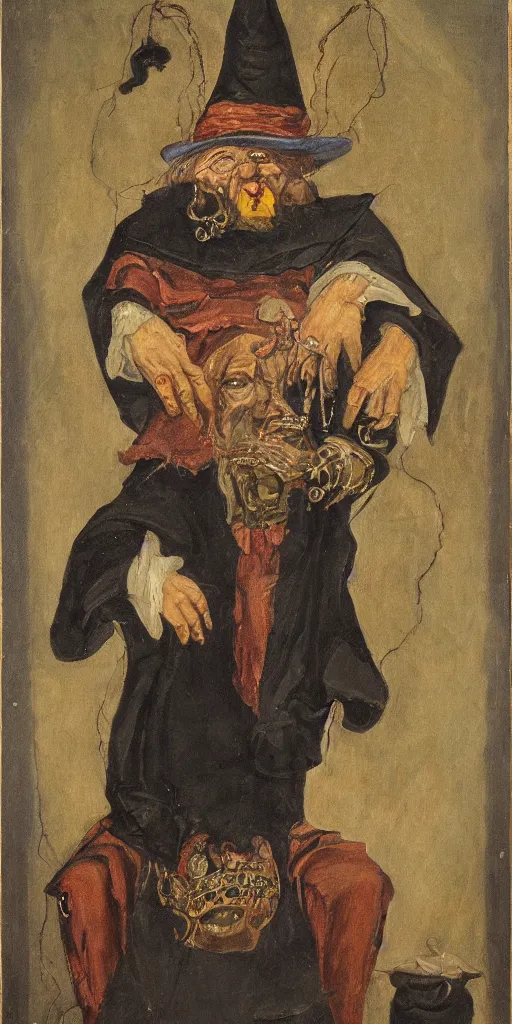 Image similar to portrait painting of a wizard with a disfigured face, wearing occult robes and ornate jewelry