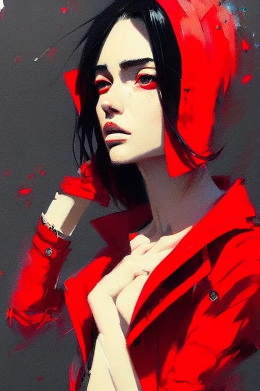 Prompt: a ultradetailed beautiful painting of a stylish woman in a red jacket, by greg rutkowski, conrad roset and ilya kuvshinov trending on artstation