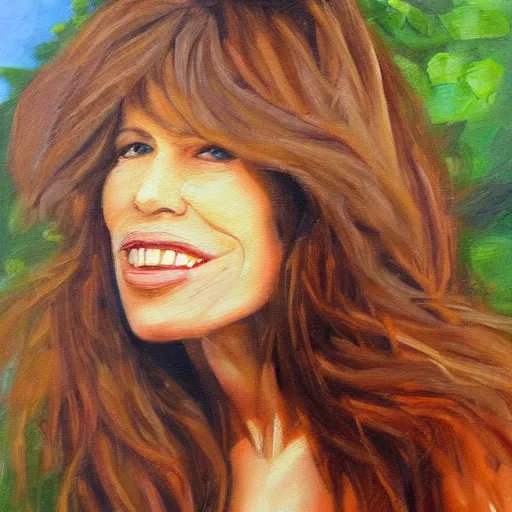 Image similar to expressive oil painting of carly simon, portrait, nostalgic, outdoors, plants