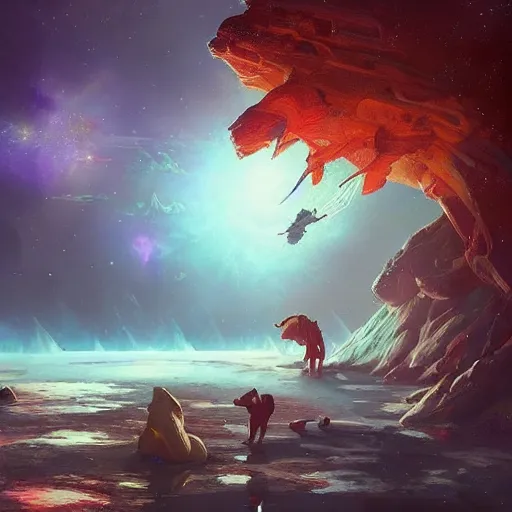 Image similar to Astronauts are riding some mythical animals, they are resting to the side of a reflecting lake, the surface of a planet has a wacky wildlife, some planets and nebulas are as background, by Jordan Grimmer digital art, trending on Artstation,