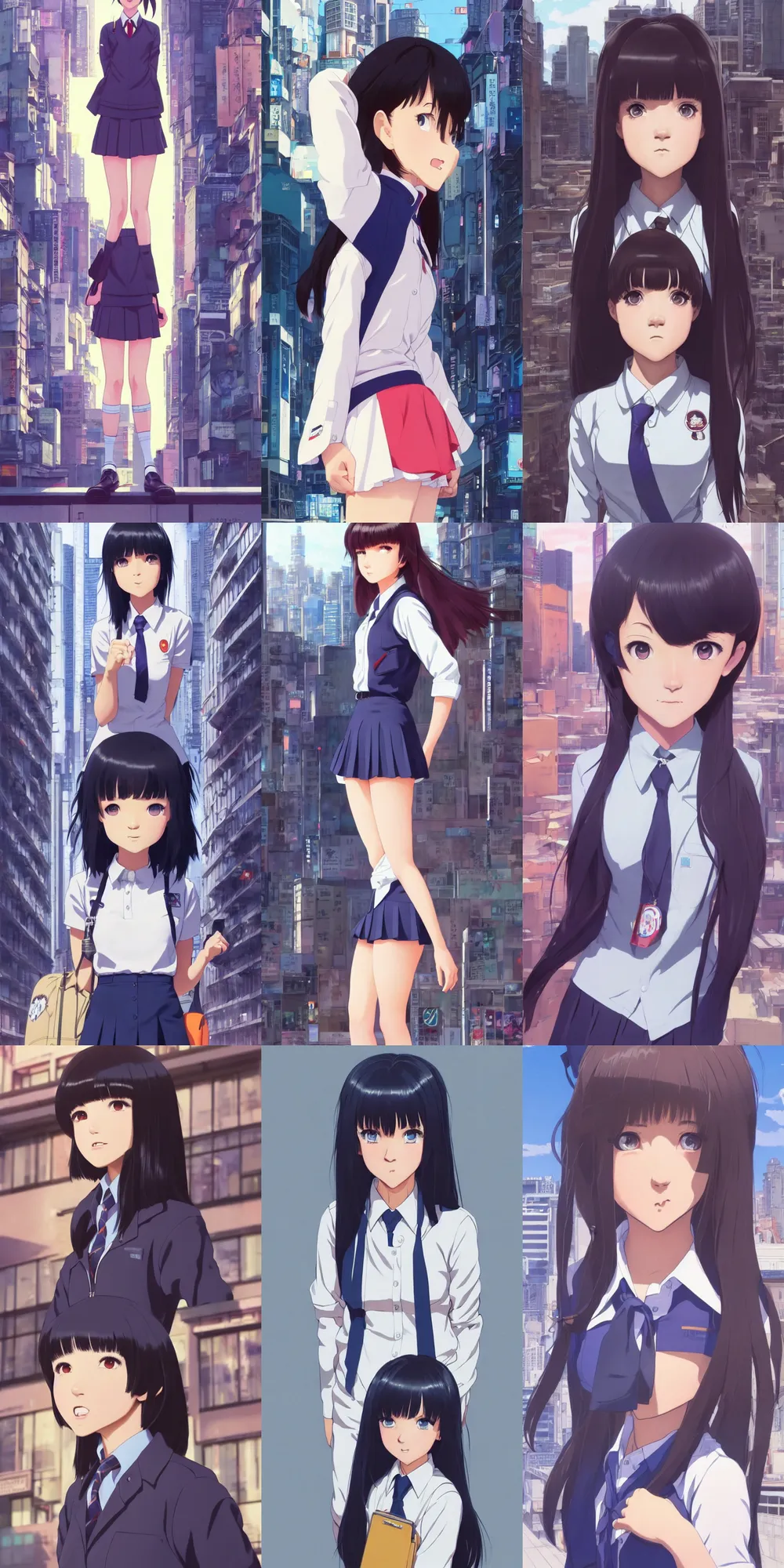 Prompt: a cute girl wearing school uniform standing in the city | | really good looking face!! full body image!! realistic shaded perfect face, fine details, anime, realistic shaded lighting poster by ilya kuvshinov katsuhiro otomo ghost - in - the - shell, magali villeneuve, artgerm, jeremy lipkin and michael garmash and rob reyt