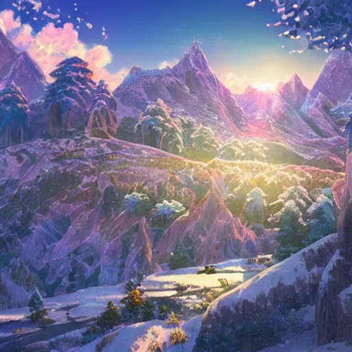 Image similar to the aesthetic view of the beautiful, grand, wistful, dreamy snowcapped mountain at dusk, hyperrealistic anime illustration by iralki nadar, colorful, extremely detailed, intricate linework, super sharp focus, bright colors, octopath traveler, studio ghibli, unreal engine 5 highly rendered, global illumination, radiant light, detailed and intricate environment