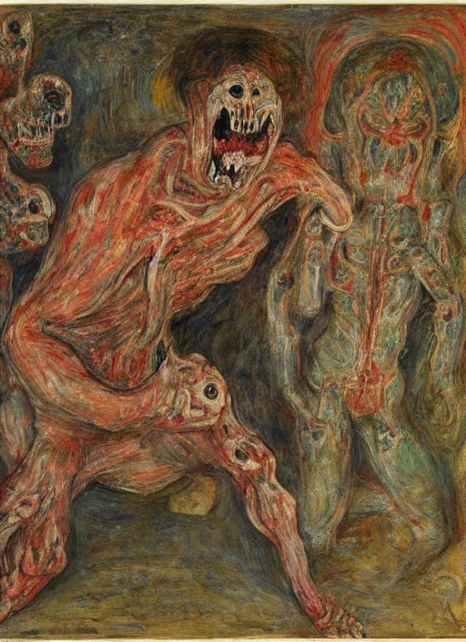 Prompt: a teratoma exploding in the middle of a museum room realizing that he has consciousness painted by james ensor