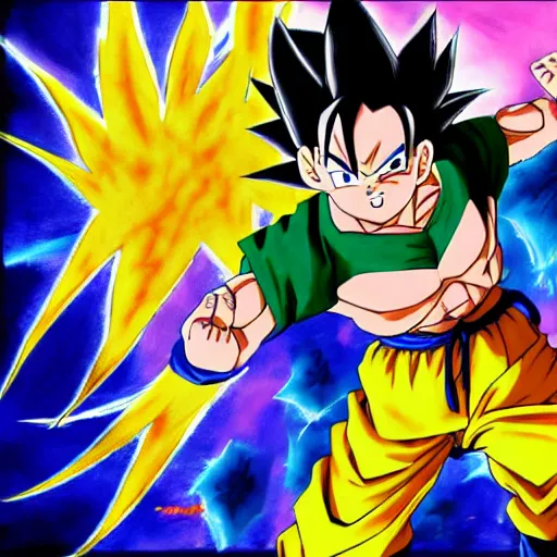 Image similar to fusion of goten and trunks, gotenks, anime, 4 k, detailed, full body, painting, on paper, paint smears, smooth