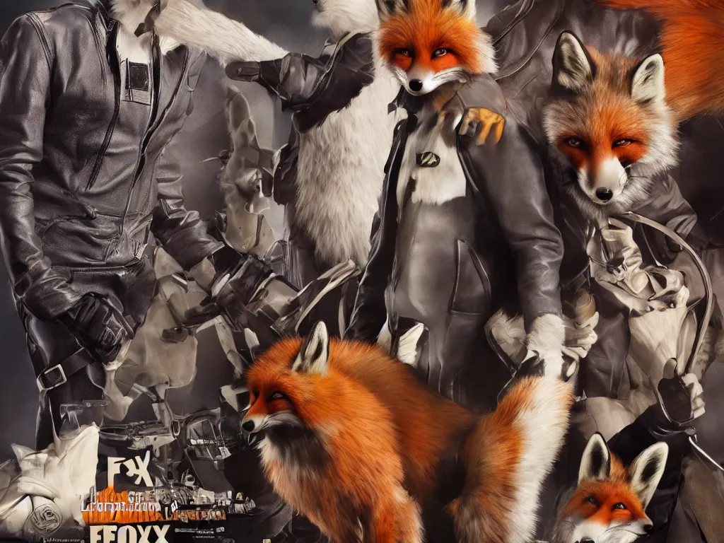 Image similar to movie poster featuring male fox furry a leather suit, fursona, anthropomorphic, furry fandom, studio quality media