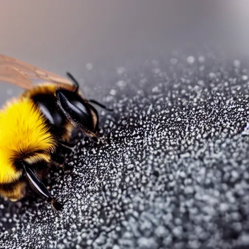 Image similar to macro photography of a bee landing on the pollen covered nose of a dog. bokeh. contest winning photography. 4 k. hyper - realistic