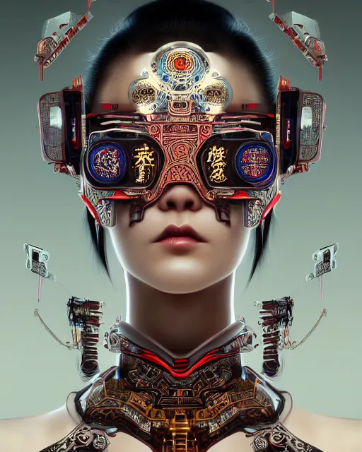 Image similar to portrait of a cyberpunk machine, machine face, upper half portrait, decorated with chinese opera motifs, asian, fine china, traditional chinese art, intricate, elegant, highly detailed, symmetry, headpiece, digital painting, artstation, concept art, smooth, sharp focus, illustration, art by artgerm and greg rutkowski and alphonse mucha, 8 k