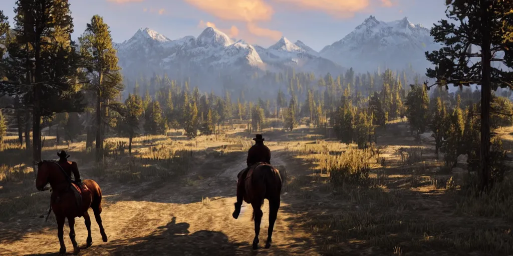 Prompt: still of a man riding a horse into an old west town surrounded by farmland and woods, snow capped mountains in the background, red dead redemption, 4 k, realistic, very beautiful, digital art, elegant, highly detailed