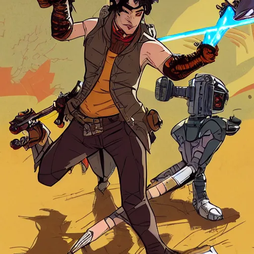 Image similar to Lalo Salamanca as Watts from RWBY, style of Borderlands and by Feng Zhu and Loish and Laurie Greasley, Victo Ngai, Andreas Rocha, John Harris