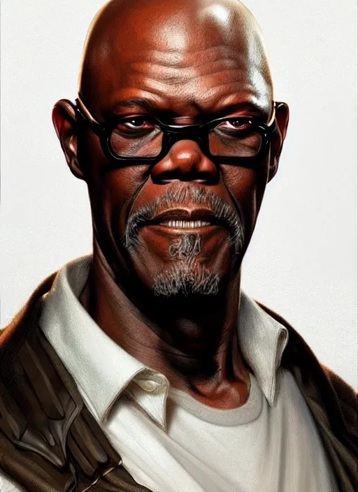 Prompt: Portrait of Samuel L. Jackson, D&D, muscular, fantasy, intricate, elegant, highly detailed, digital painting, artstation, concept art, smooth, sharp focus, illustration, art by artgerm and greg rutkowski and alphonse mucha