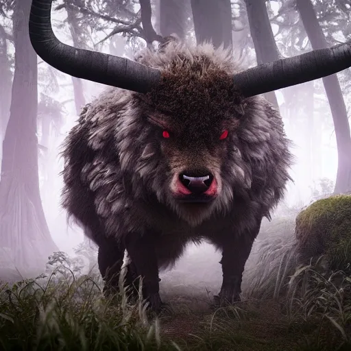 Prompt: ultrarealistic creature fluffy animal with horns and short legs and arms and red eyes, forest scene, octane render, highly detailed, cinematic lightning, epic fantasy style art