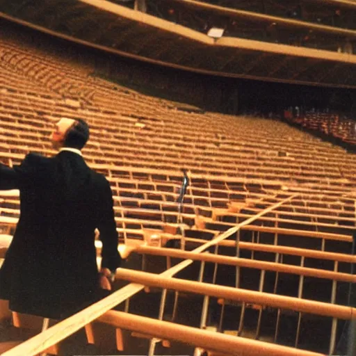 Image similar to 1990s Hi-8 footage of Napoleon conducting at the Sydney Opera House, candid wide photograph, 18mm