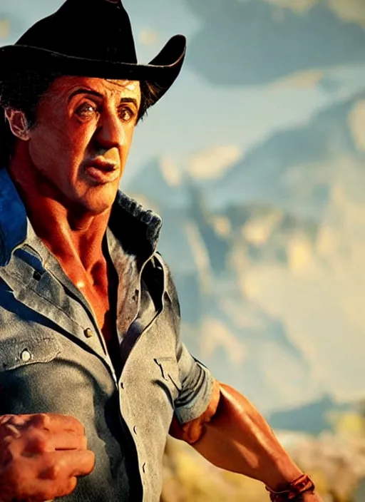 Image similar to an film still of sylvester stallone as cowboy, western background, unreal engine. amazing likeness. very detailed.