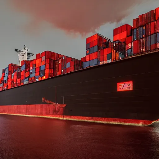 Image similar to photo of Immense industrial futuristic cargo ship arrives at cyber punk city sea port, cinematic lighting, photo