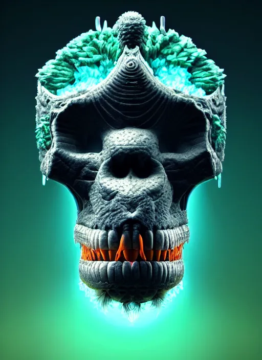 Prompt: 3 d ape shaman profile portrait, sigma 5 0 0 mm f / 5. beautiful intricate highly detailed quetzalcoatl skull and feathers. bioluminescent, plasma, lava, ice, water, wind, creature, thunderstorm! artwork by tooth wu and wlop and beeple and greg rutkowski, 8 k trending on artstation,