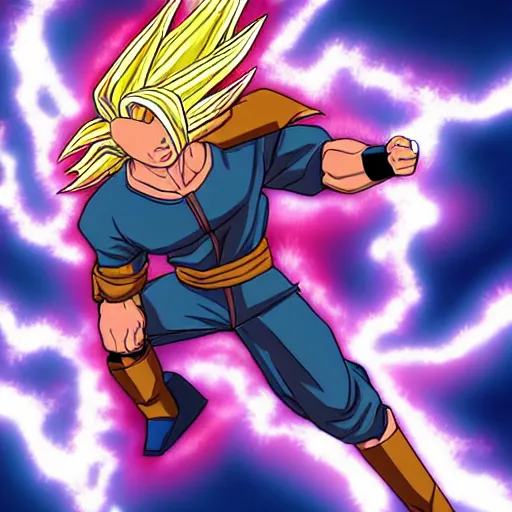 Prompt: jesus Christ as super saiyan, lightning in the sky, glowing, highly detailed, anime