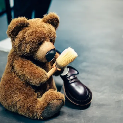 Image similar to Teddybear is standing with brush in his hand, sweating a lot while polishing shoes, the bear also hold the shoe, looking at the shoe