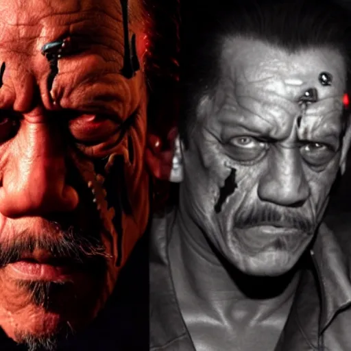 Image similar to danny trejo as the terminator, glowing red eyes