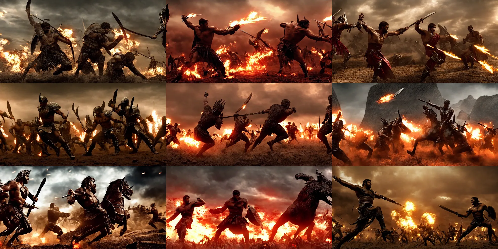 Image similar to epic battle screen of hero, film still from the movie'3 0 0'( 2 0 0 6 ), 3 d, 8 k realistic, cryengine, playstion 5 screen, cinematic lighting