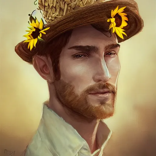 Image similar to a man wears a sunflower hat, bloom, artstation
