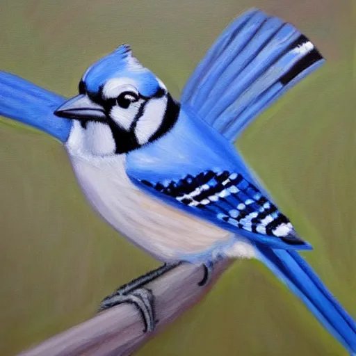 Image similar to a painting of a bluejay returning to the girl that raised it