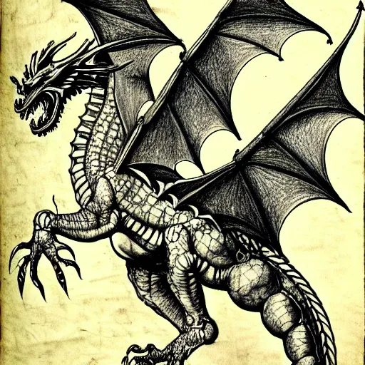 Image similar to medical drawing of a dragon, davinci, anatomical, overly detailed