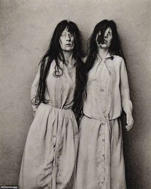 Prompt: two sisters in disheveled luxury, instant photo, by dorothea tanning, taken in the 1 9 7 0 s, atmosphere is eerie, dreamy, beautiful