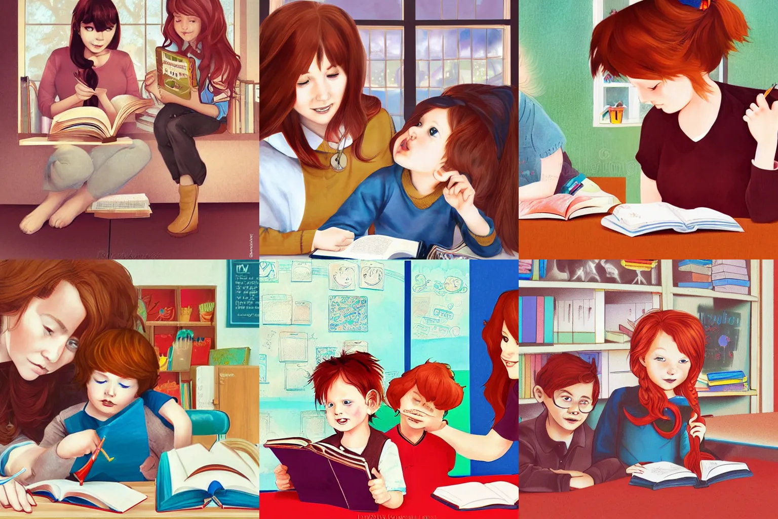 Prompt: a brown haired teacher and red headed child in a classroom during the day, stylized children's book illustration by Ross Tran and Loish