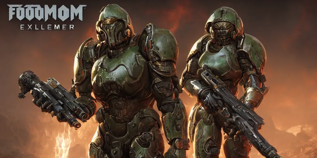 Image similar to female doom slayer extreme details epic dramatic realistic unreal engine render