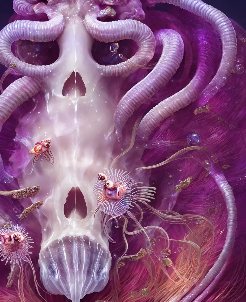 Prompt: goddess princess beautiful face close-up portrait ram skull. jellyfish phoenix head, nautilus, orchid, skull, betta fish, bioluminiscent creatures, intricate artwork by Tooth Wu and wlop and beeple. octane render, trending on artstation, greg rutkowski very coherent symmetrical artwork. cinematic, hyper realism, high detail, octane render, 8k