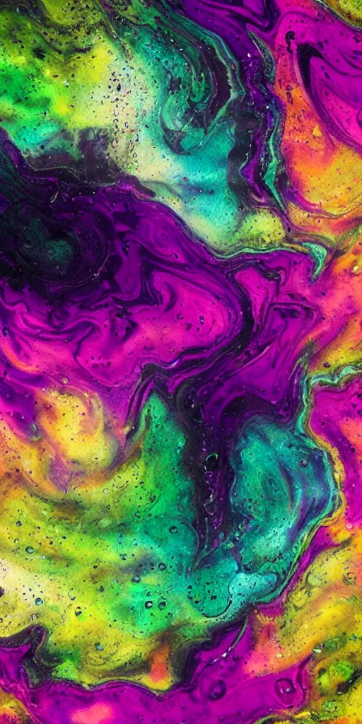 Image similar to beautiful liquid marble texture with big oil bubbles. harmonic chromatic black tones coloured abstraction with purple splashes. ultradetailed realistic art